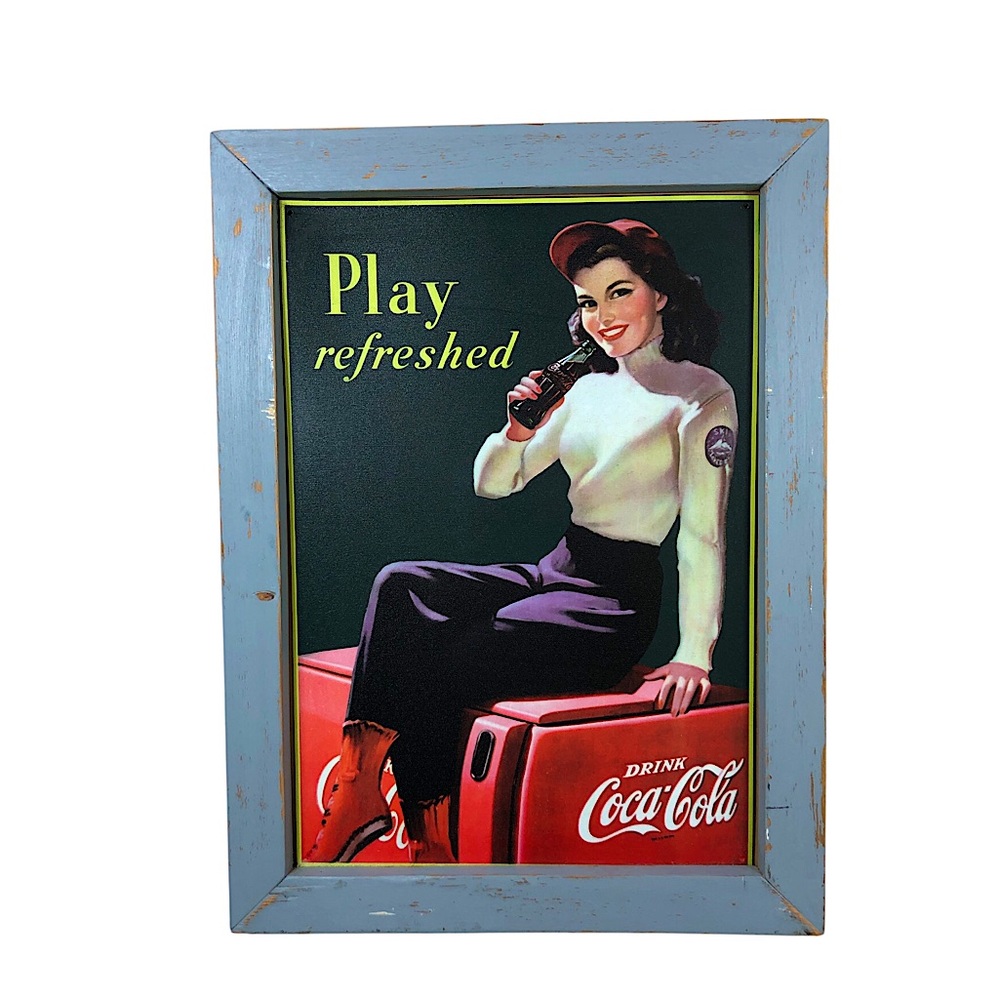 Vintage Coca Cola 1998 Baseball Themed "Play Refreshed" Metal Sign Framed